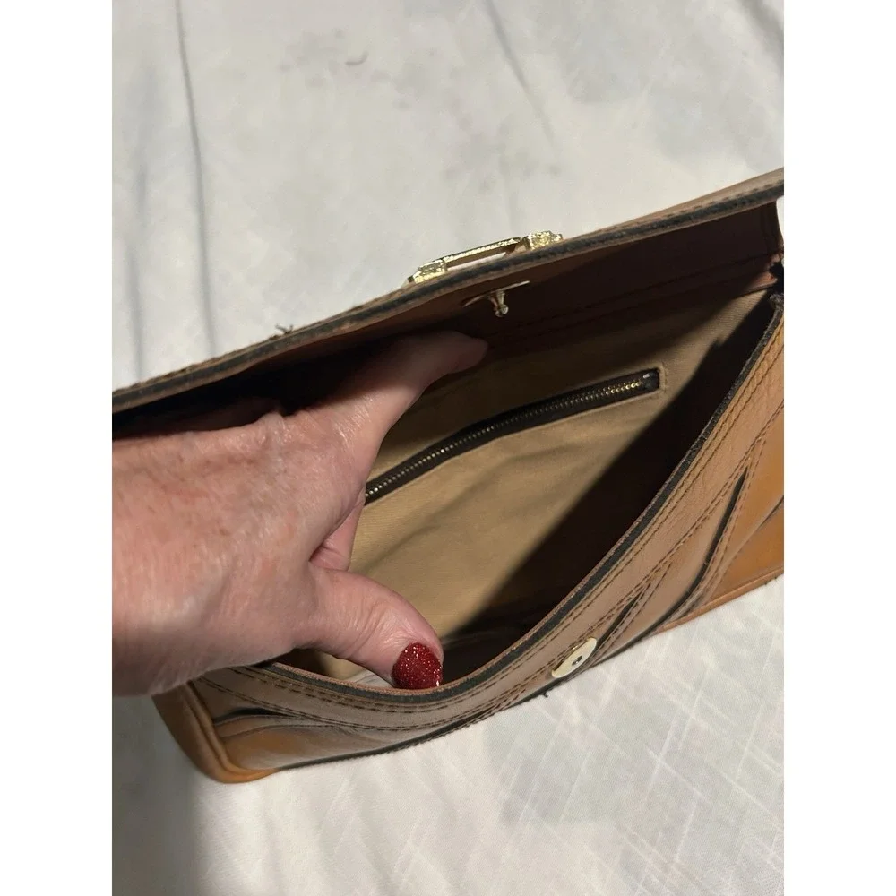 Vintage 70s Contessa Genuine Leather Camel‎ Clutch Bag~Patchwork~ Gold Hardware